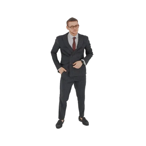 3D модель мужчины в темном костюме в полоску и красном галстуке, стоящего с рукой в кармане, смотрящего в сторону.