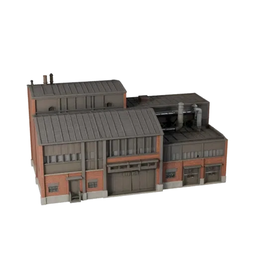 Низкополигональная 3D модель цементного завода, готовая для игры, внешний вид, демонстрирующий промышленные строительные мате