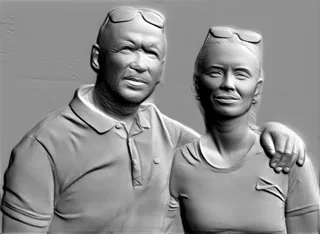 3D модель барельефа "Медальон" с изображением пары, выполненная в сером цвете, с выразительными чертами лиц.