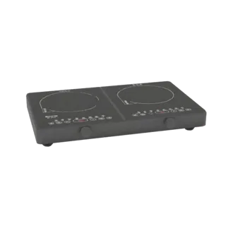 3D model of a black dual induction cooktop with two circular heating zones and digital displays.