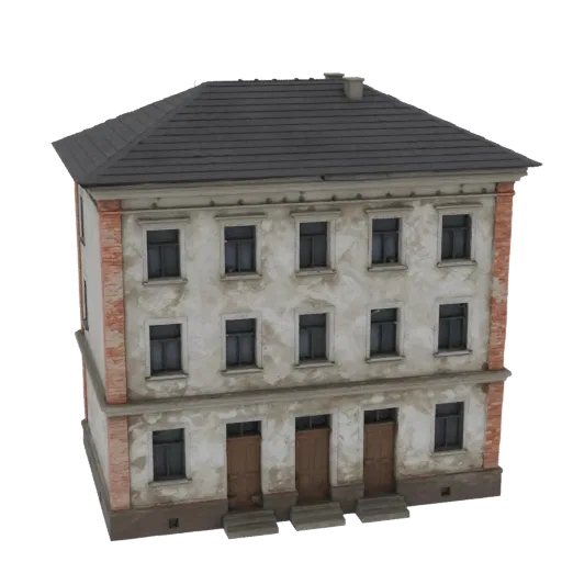 3D модель старого советского пятиэтажного здания с обсыпавшейся штукатуркой и кирпичной кладкой
