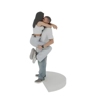 3D модель мужчины, поднимающего и целующего женщину в романтических объятиях, стоящих на белой подставке.