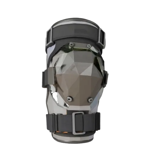 Низкополигональная 3D модель тренировочных наколенников, вид с трех четвертей в игровом окне, показывающий прозрачные щитки и