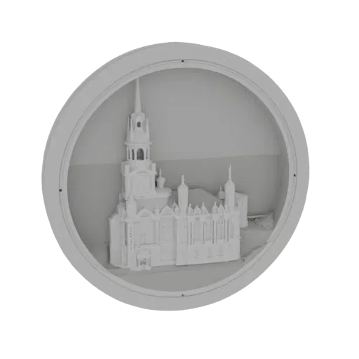 3D-рендер детализированного, богато украшенного церковного здания, представленного в круглой раме диорамы.