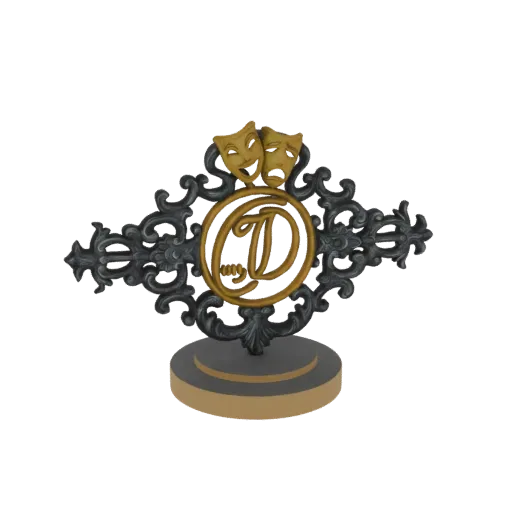 3D модель декоративной эмблемы с золотыми театральными масками и стилизованной монограммой 'D' на темно-серой основе с завитк