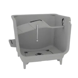 3D модель поддона для сбора воды от стиральной машины, вид спереди и сверху, с детальной проработкой внутренней горки и сливн