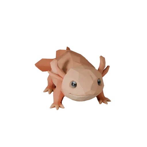 Низкополигональная 3D-модель аксолотля, вид сбоку в игровой камере, низкополигональная модель животного с мягкими складками к