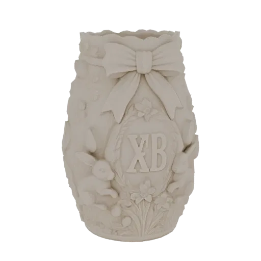 3D модель декоративной пасхальной вазы с кроликами, цветами, монограммой 'XB' и бантом, выполненная в нейтральной матовой отд