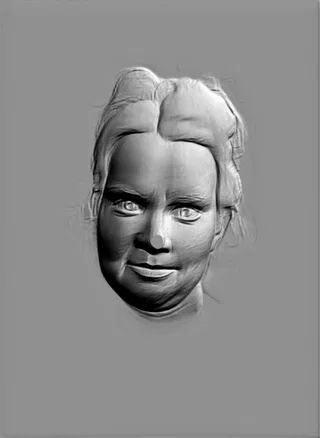 3D модель барельефа женского лица в круглом медальоне, выполненная в классическом стиле.