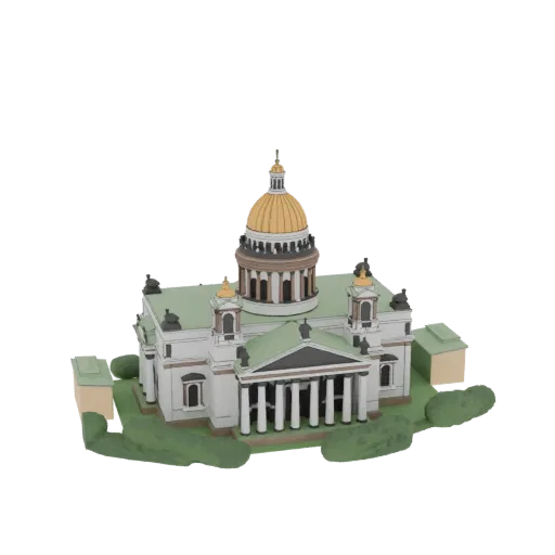 3D модель Исаакиевского собора, величественное неоклассическое здание с большим золотым куполом и белым фасадом, на белом фон