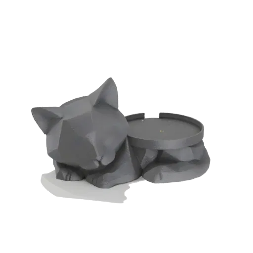 3D модель серого геометрического кота в позе отдыха с круглым поддоном на спине на белом фоне.