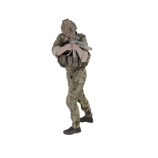 3D модель современного солдата в камуфляже и тактическом снаряжении, целится из винтовки.