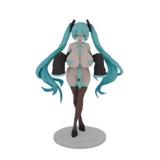 3D модель аниме-девушки с длинными голубыми хвостиками, в светлом наряде с темными рукавами и деталями в виде сердец, стоящей