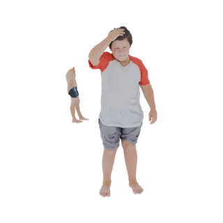 3D модель мальчика в красно-белой футболке и серых плавках, чешущего голову.