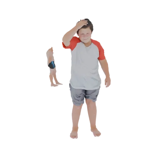 3D модель мальчика в красно-белой футболке и серых плавках, чешущего голову.