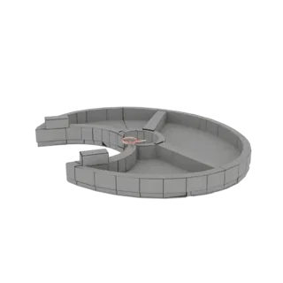 3D-рендер серой круглой платформы с сегментированными стенами и центральным оранжевым кольцом на белом фоне.