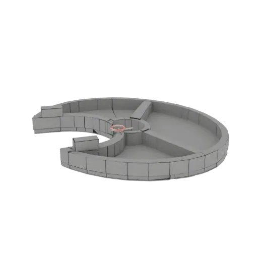 3D-рендер серой круглой платформы с сегментированными стенами и центральным оранжевым кольцом на белом фоне.