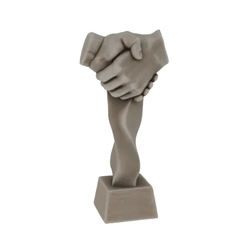 3D модель кубка рукопожатия под камень с переплетенными руками и витым стеблем на квадратном основании.