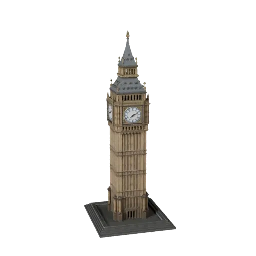 3D модель Биг-Бен, готовая к использованию в Blender, вид рендера студии Blender, показывающий материалы структуры достоприме