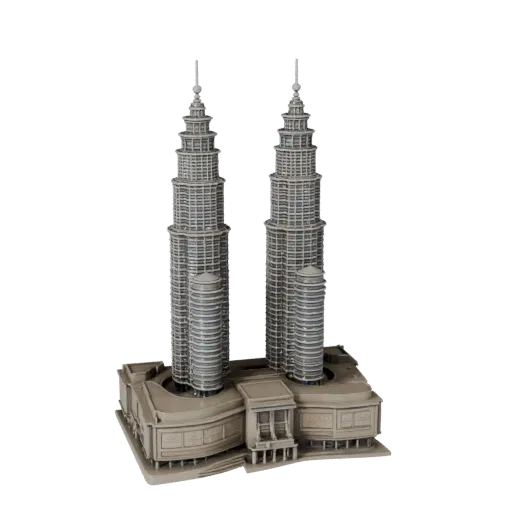 Печатная STL 3D модель Петронас Тауэрс, изометрический вид, показывающий материалы структуры достопримечательности и архитект