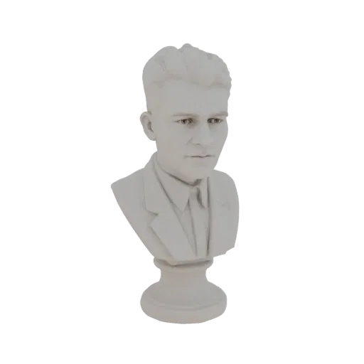 Рендер 3D модели белого бюста молодого человека в костюме и галстуке, с аккуратно уложенными волосами.