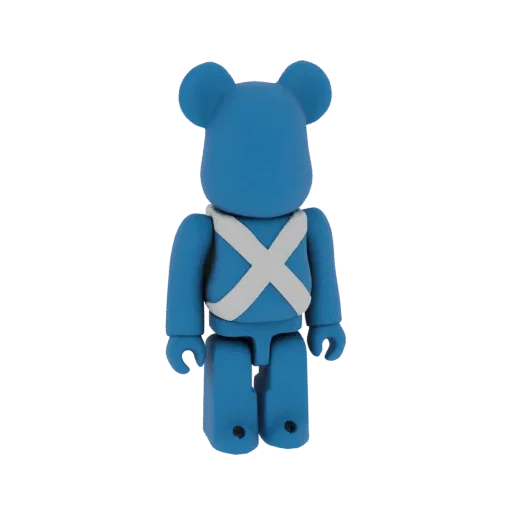 3D модель синего Bearbrick с белым крестовым ремнем, вид спереди на белом фоне.