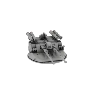 3D модель серой четверной турели автопушек с четырьмя стволами и двумя ракетными блоками сверху на белом фоне.