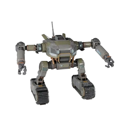 Стилизованная 3D-модель робота в стиле краулера, стилизованный изометрический рендер, показывающий металлические каркасы, фор