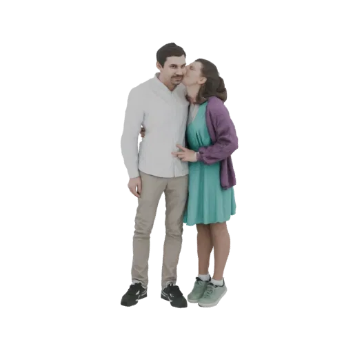 3D модель мужчины и женщины, обнимающихся в поцелуе, на белом фоне.
