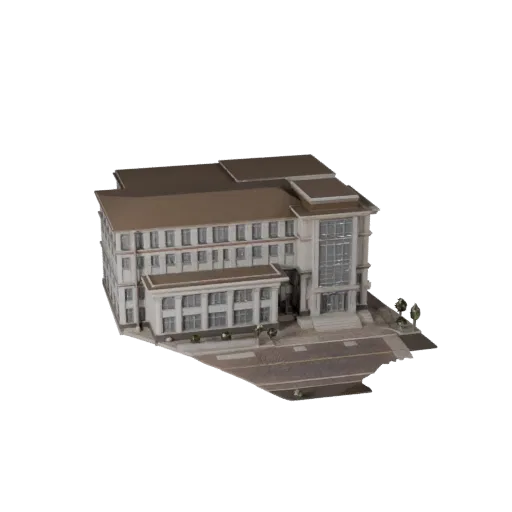Реалистичная 3D модель полицейского участка, вид снаружи под углом три четверти, показывающий материалы общедоступного здания