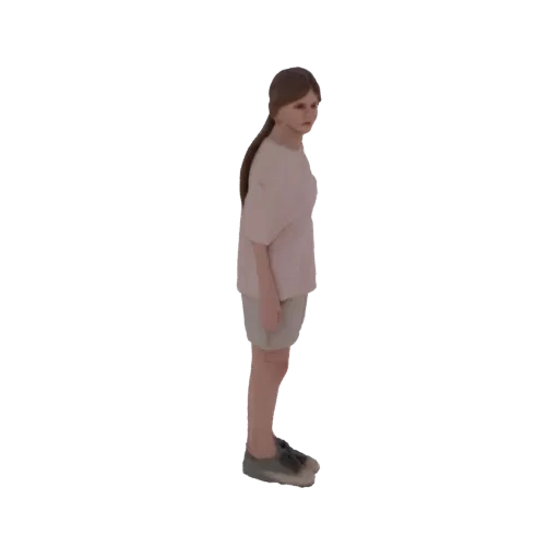 3D модель молодой женщины с каштановыми волосами, в светло-розовой футболке и светло-серых шортах, стоящей в профиль.