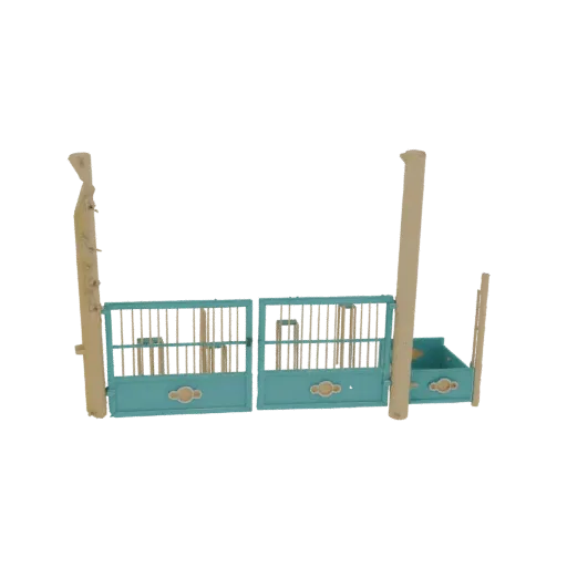3D модель бирюзовых ворот для конюшни с двумя витиеватыми панелями, обрамленных грубыми деревянными столбами, на белом фоне.