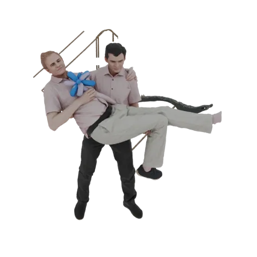 3D модель мужчины, несущего другого, который держит синий воздушный шар, на белом фоне.