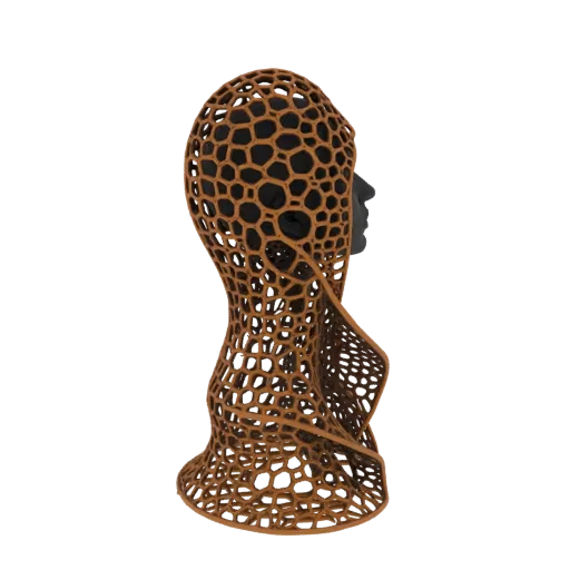3D модель абстрактного капюшона с детализированным сетчатым узором в виде сот, показанная на темном манекене.