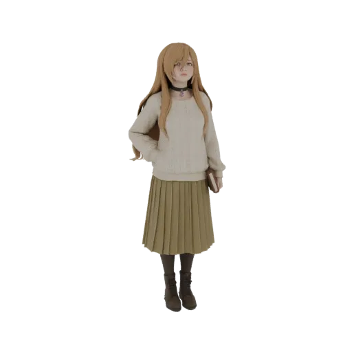 3D модель аниме девушки со светлыми волосами, в свитере и юбке, с книгой.