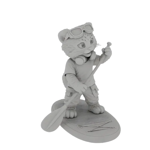 Рендер 3D модели антропоморфного леопарда в очках и наушниках, стоящего на доске для серфинга с веслом.