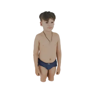 3D модель мальчика в синих плавках, стоящего и смотрящего вперед.