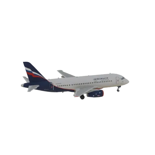 3D модель пассажирского самолета Sukhoi Superjet 100 Аэрофлот, вид сбоку на белом фоне.