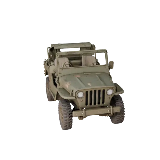 Готовая к игре 3D-модель военного джипа времен Второй мировой войны, вид в студии в три четверти, готовый к производству акти