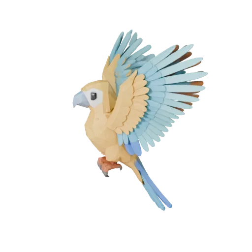 Низкополигональная 3D-модель какаду, вид сбоку в игровом ракурсе, низкополигональный ассет животного с направлением перьев, л