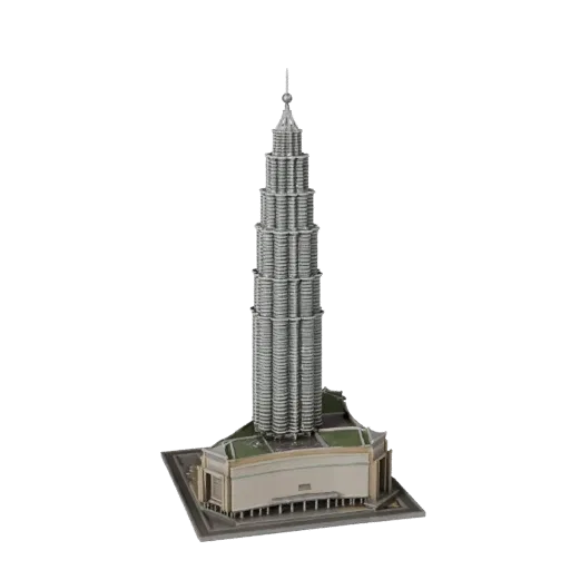 Реалистичная 3D модель Башен Петронас, вид с трех четвертей снаружи, показывающий материалы достопримечательности и архитекту