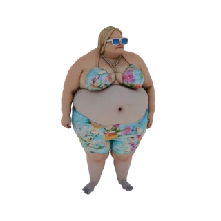 3D-модель женщины размера плюс в цветочном бикини и солнцезащитных очках, стоящей на белом фоне.