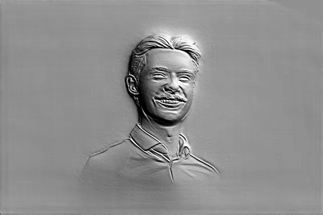 3D модель барельефа мужчины с усами в рубашке, выполненная в стиле классической скульптуры