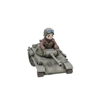 3D модель хорька в военном шлеме и куртке, сидящего в башне детализированного миниатюрного танка.