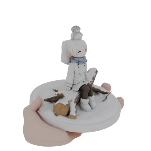 3D модель милой эльфийки в белом зимнем пальто и синем шарфе с маленькой птичкой на голове, сидящей на заснеженном бревне на