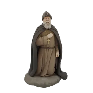 3D модель коленопреклоненного монаха в тёмном балахоне с капюшоном и коричневой рясе, держащего чётки и золотой крест.