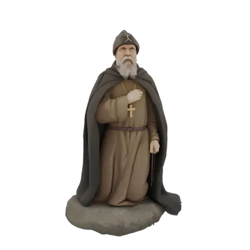 3D модель коленопреклоненного монаха в тёмном балахоне с капюшоном и коричневой рясе, держащего чётки и золотой крест.