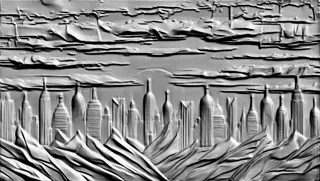 3D модель барельефа с изображением футуристического города, бутылок, облаков и гор в монохромной стилистике.