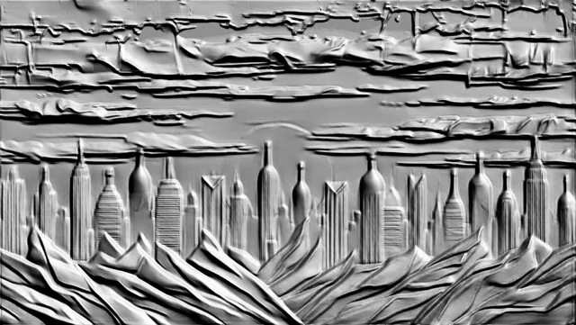 3D модель барельефа с изображением футуристического города, бутылок, облаков и гор в монохромной стилистике.