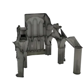 3D модель разрушенной готической соборной арки со сломанными колоннами и текстурами выветренного камня на белом фоне.